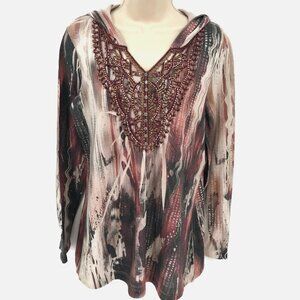 Christopher & Banks Womens Embellished Hooded Long Sleeve Top Abstract Print M